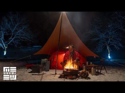 雪中キャンプで焚火ニンニクチャーハン