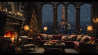 Ambience Christmas Piano Jazz Music in Cozy Living room With Snows Falling Outside Window