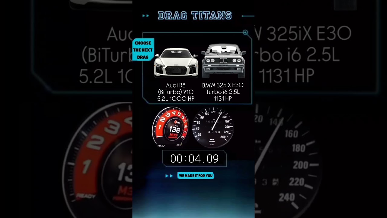 Audi R8 (BiTurbo) V10 5.2L 1000 HP vs BMW 325iX E30 Turbo i6 2.5L 1131 HP