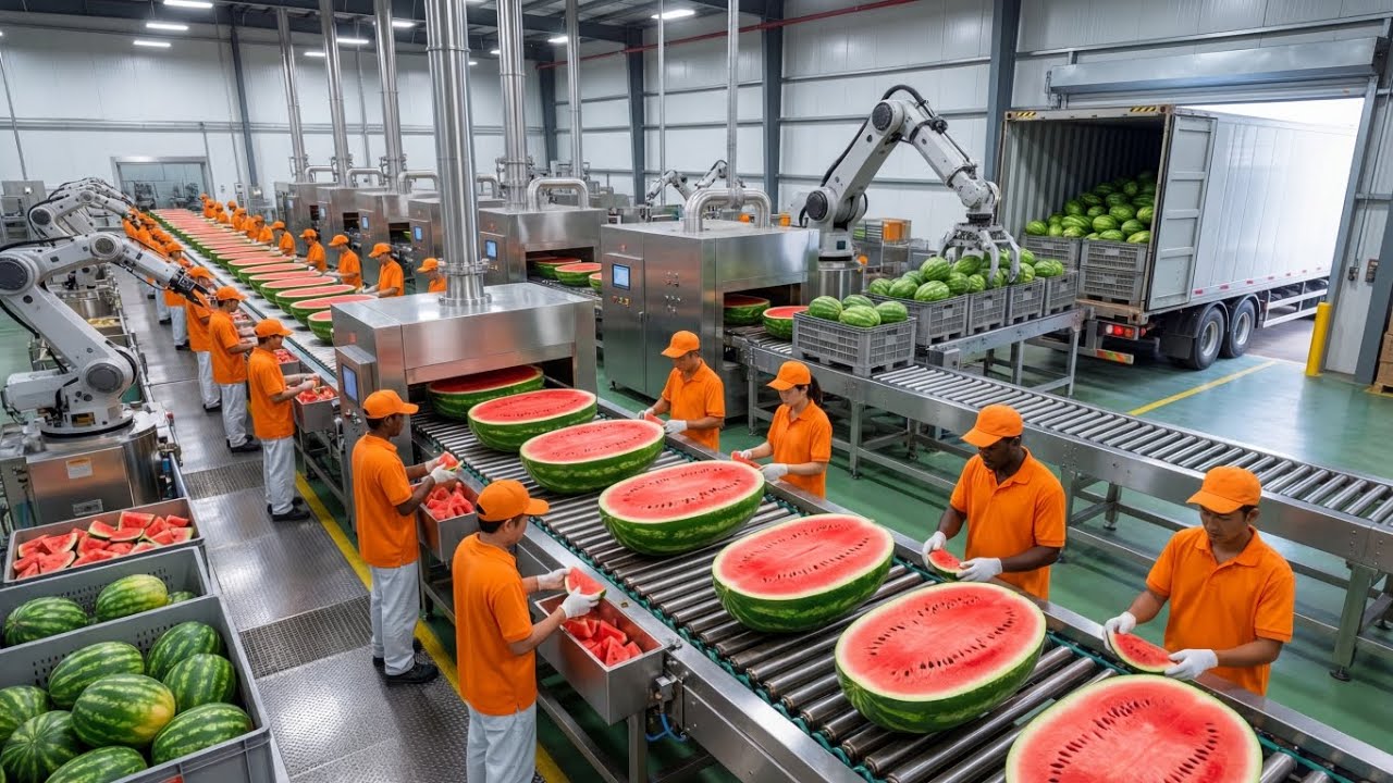 Inside a Modern Watermelon Processing Plant: From Whole Melons to Sweet Red Juice (Full Process) 🍉