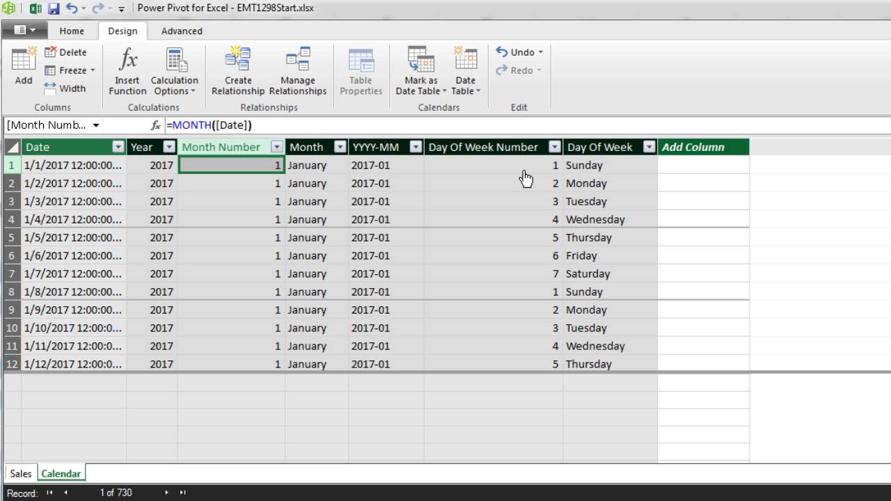 Excel Magic Trick 1299 Automatic Calendar Table in Data Model, New in