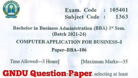 Gndu BBA 1st Semester Computer Application for Business Question Paper || BBA 1st Sem Question Paper