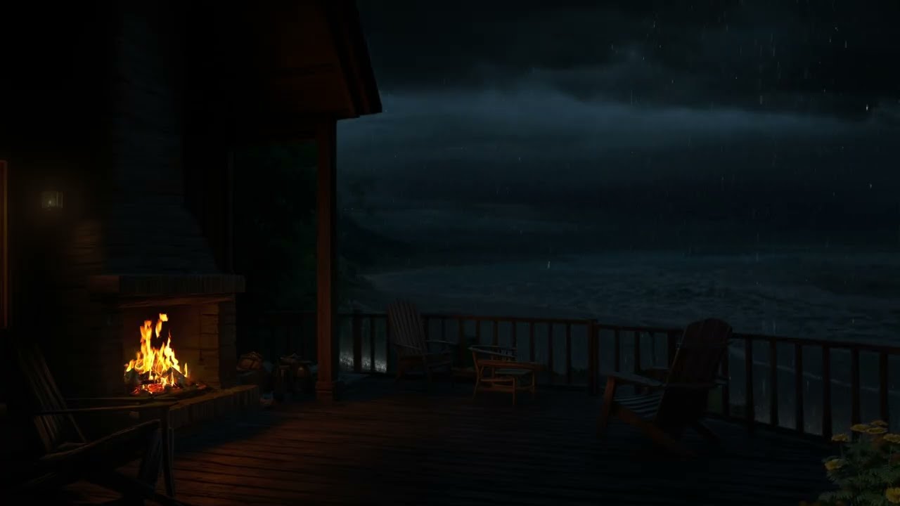 SOFT BEACH RAIN Outside the Open PORCH Window | Peaceful Night Ambience for Restful Sleep  WARM FIRE