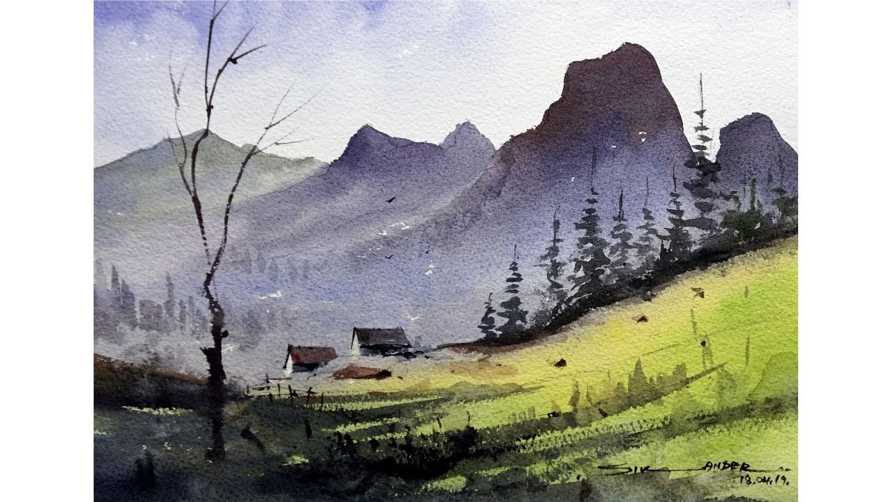 easy painting watercolor landscape full video by sikander singh ...