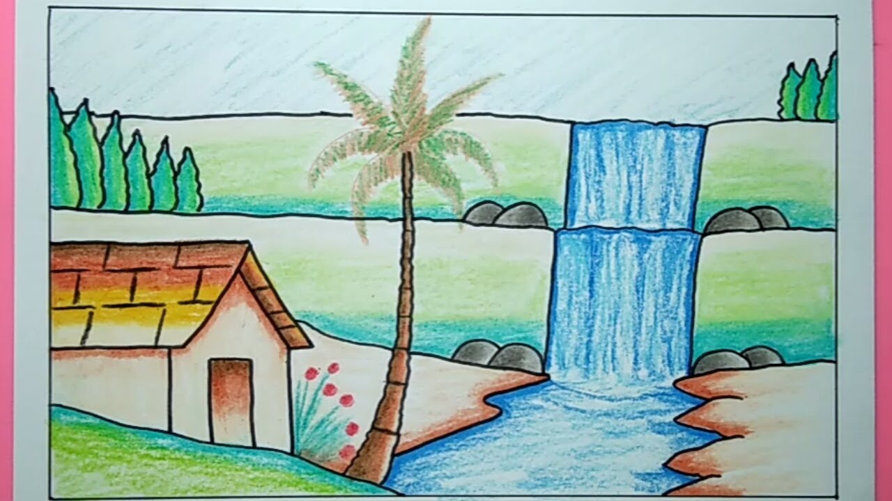 Cara Menggambar Pemandangan  Air Terjun Waterfall Drawing 