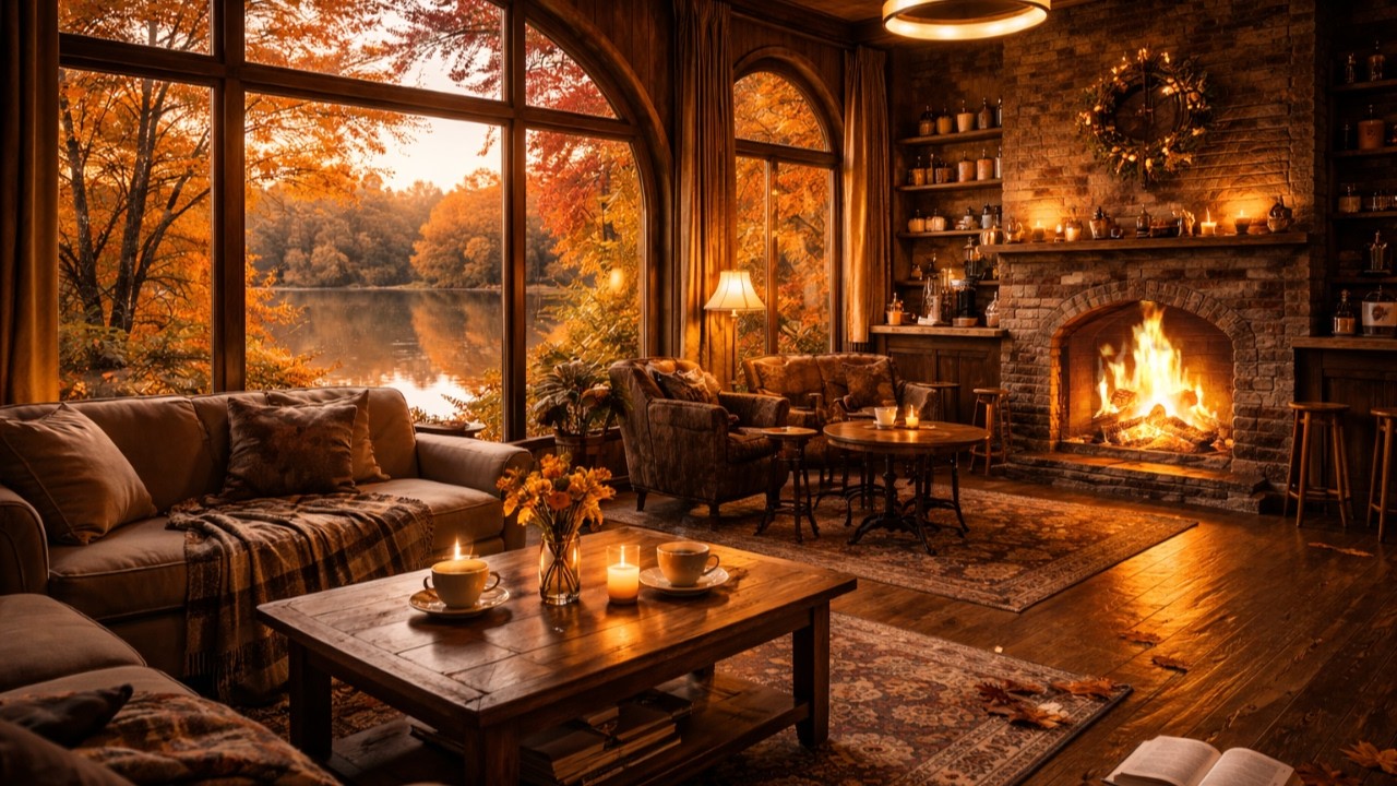 Cozy Autumn Cabin Living Room with Fireplace and Lake View | Warm Fall ...