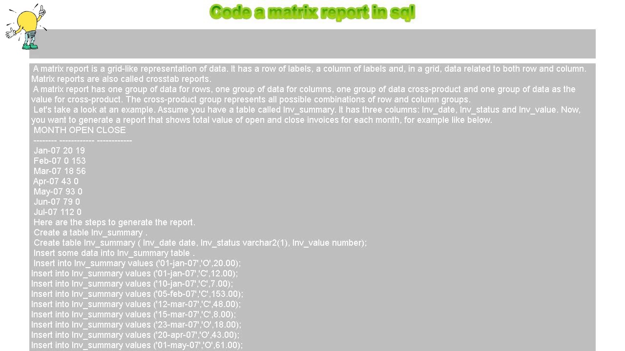 How to : Code a matrix report in sql - YouTube