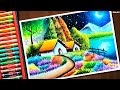Colourful village moonlight  scenery oil pastel drawing for beginners  nature landscape drawing