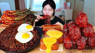 ASMR MUKBANG| Black Bean Noodles with Eggs, Cheddar Cheese Spam, Korean Seasoned  Chicken, Kimchi