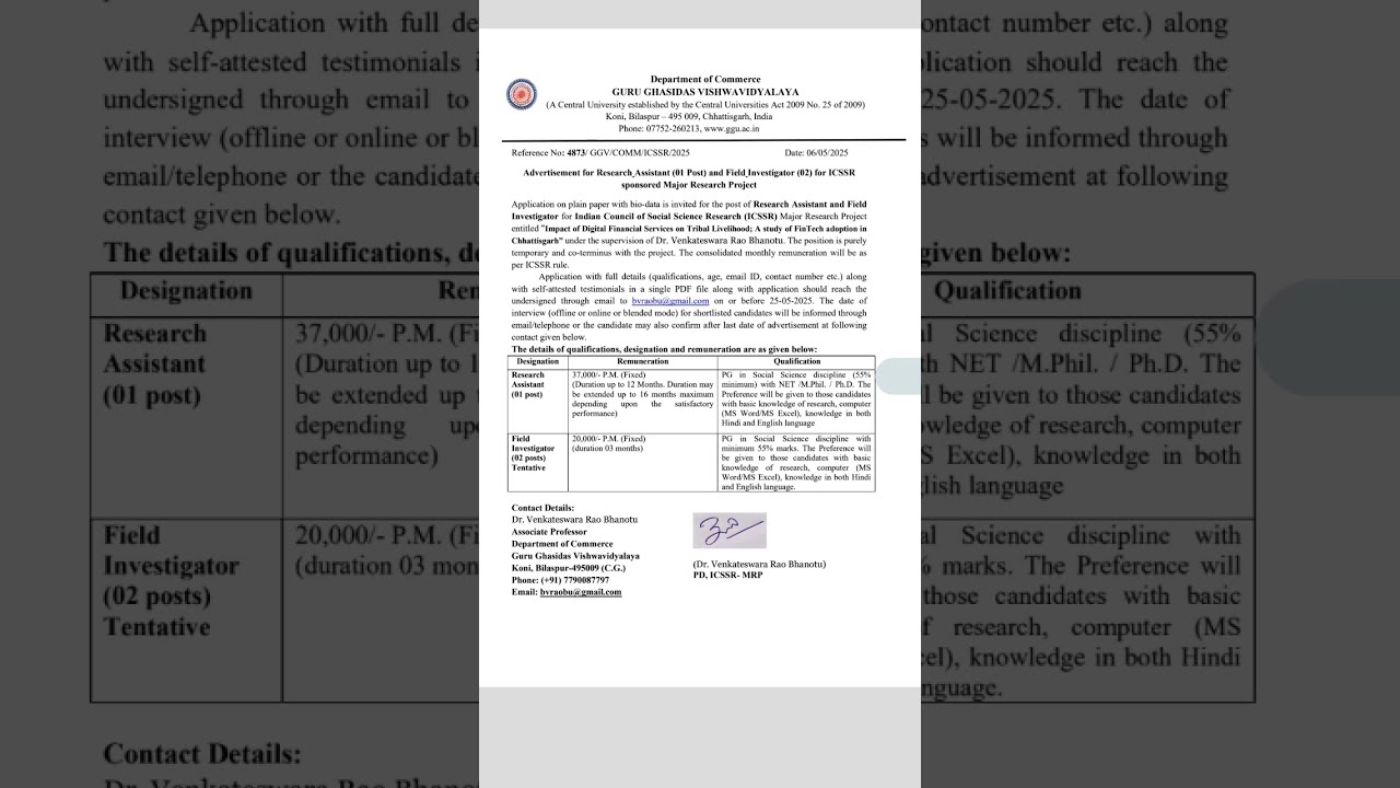 Recruitment For Research Assistant Field Investigator