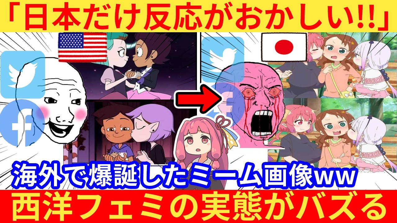 外国人さん「カートゥーンと日本アニメの反応が違いすぎ！」→西洋ツイフェミを皮肉ったミーム画がバズるww【海外の反応】