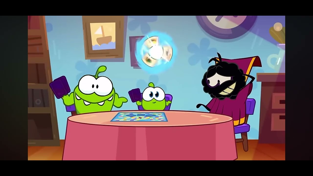 Om Nom Nibble Nom And Evil Spider Playing A Board Game 