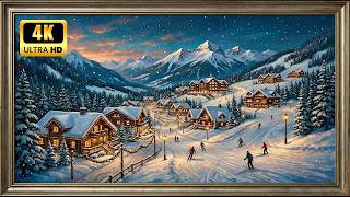 Villagers Skiing In The Snow At Night - 4K TV Frame Screensaver  #TVScreensaver #RelaxingScreensaver screenshot 5