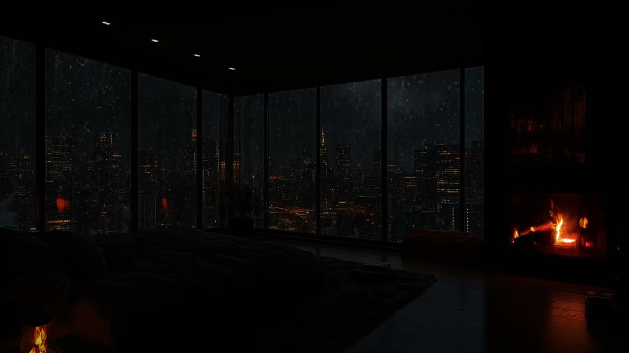 Night Rain in Tokyo High-Rise Bedroom🌧️No Ads| Rain & Fireplace Sounds for Anxiety & Insomnia Relief