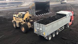 Caterpillar 988F Wheel Loader Loading Coal On Trucks - Labrianidis Mining