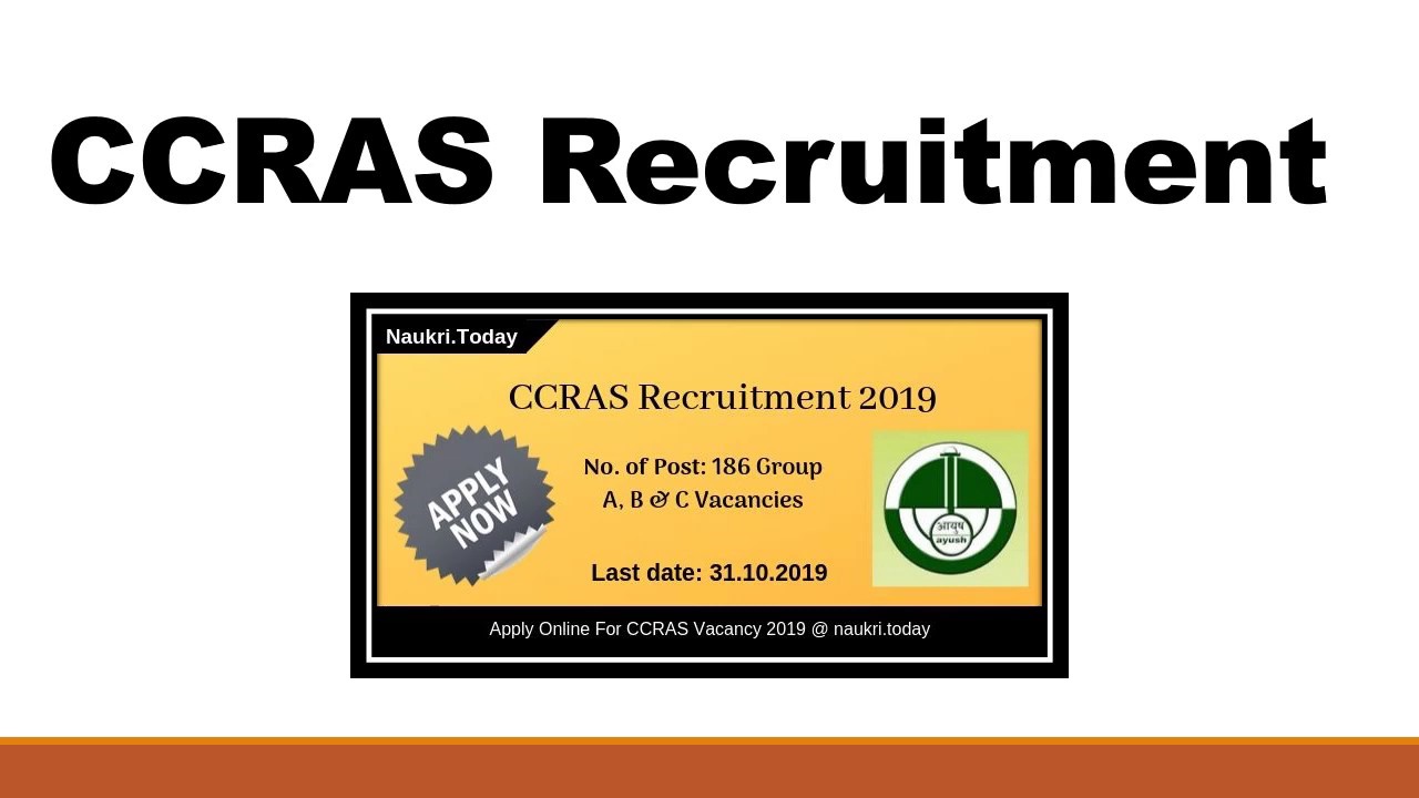 CCRAS Recruitment 2019 |Apply online For 186 Group A, B & C Vacancies