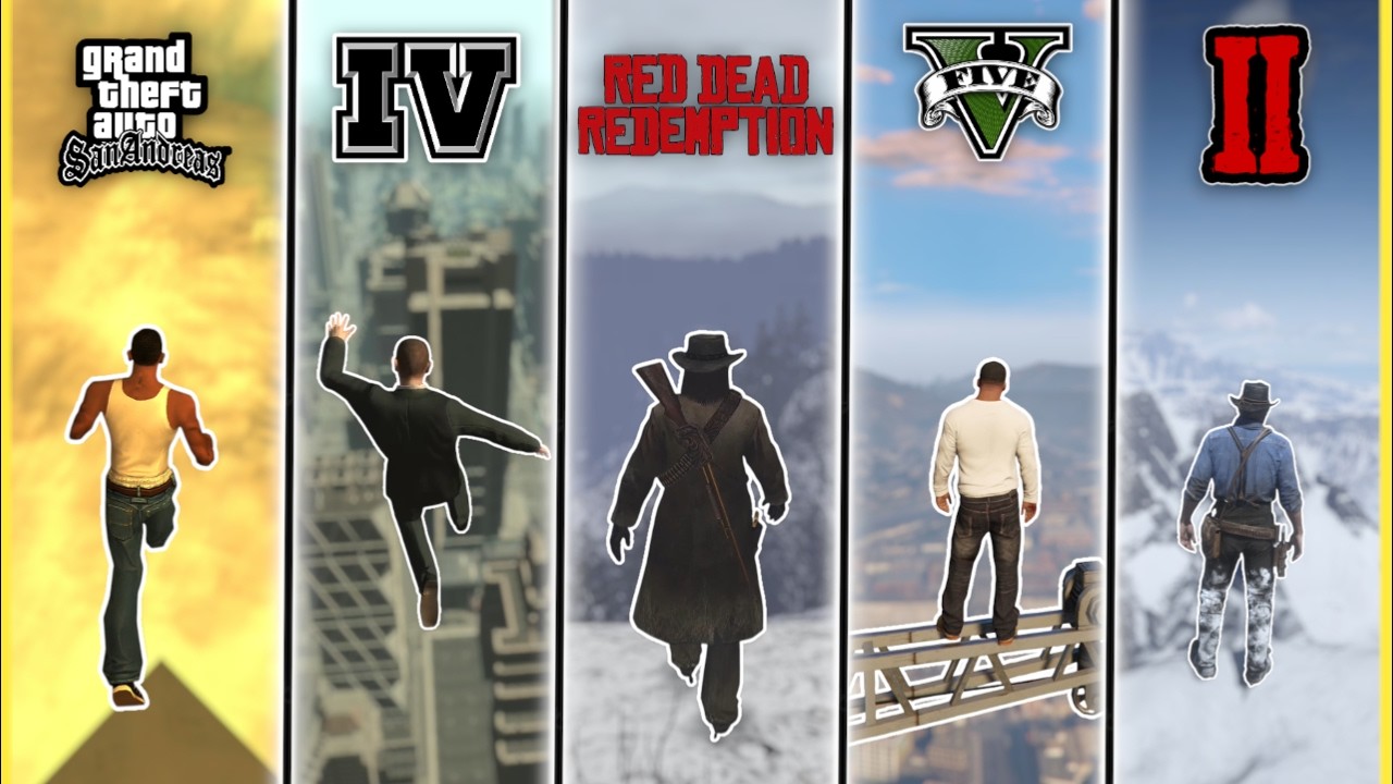 JUMP FROM HIGH POINT IN GTA SAN TO GTA 5 & RDR