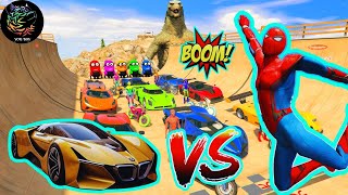 SPIDER-MAN RACES WITH COLORFUL SUPER CARS AND BİKES ON THE MEGA RAMP