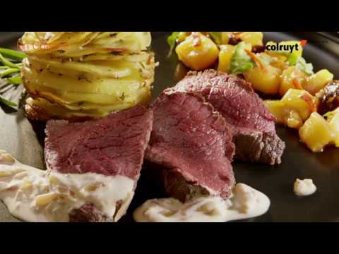 recette-rôti-de-biche,-gratin-de-pommes-de-terre-et-chutney-de-mangue-aux-pruneaux---colruyt