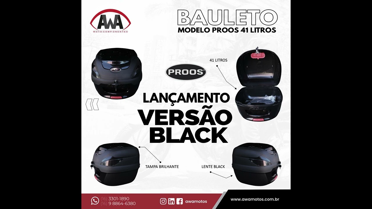Lançamento Novo Bauleto Awa Proos 41 litros c/ Lentes Black (Preto)