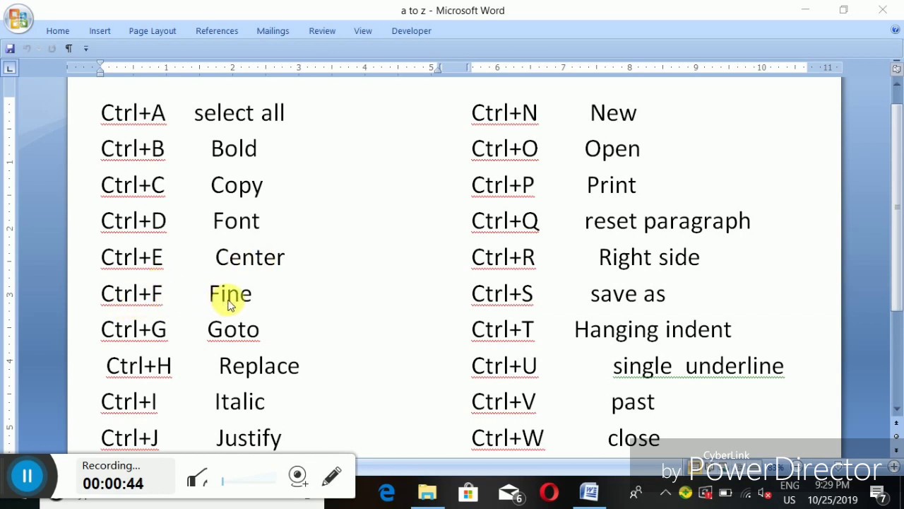 Ctrl A To Z Shortcut Keys