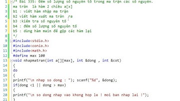 Ngôn ngữ Lập trình C : Bài 96 Đếm số lượng số nguyên tố trong ma trận các số nguyên