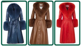 most trending Pinterest viral images latexleather long jacket Coat with furr design #western #winter