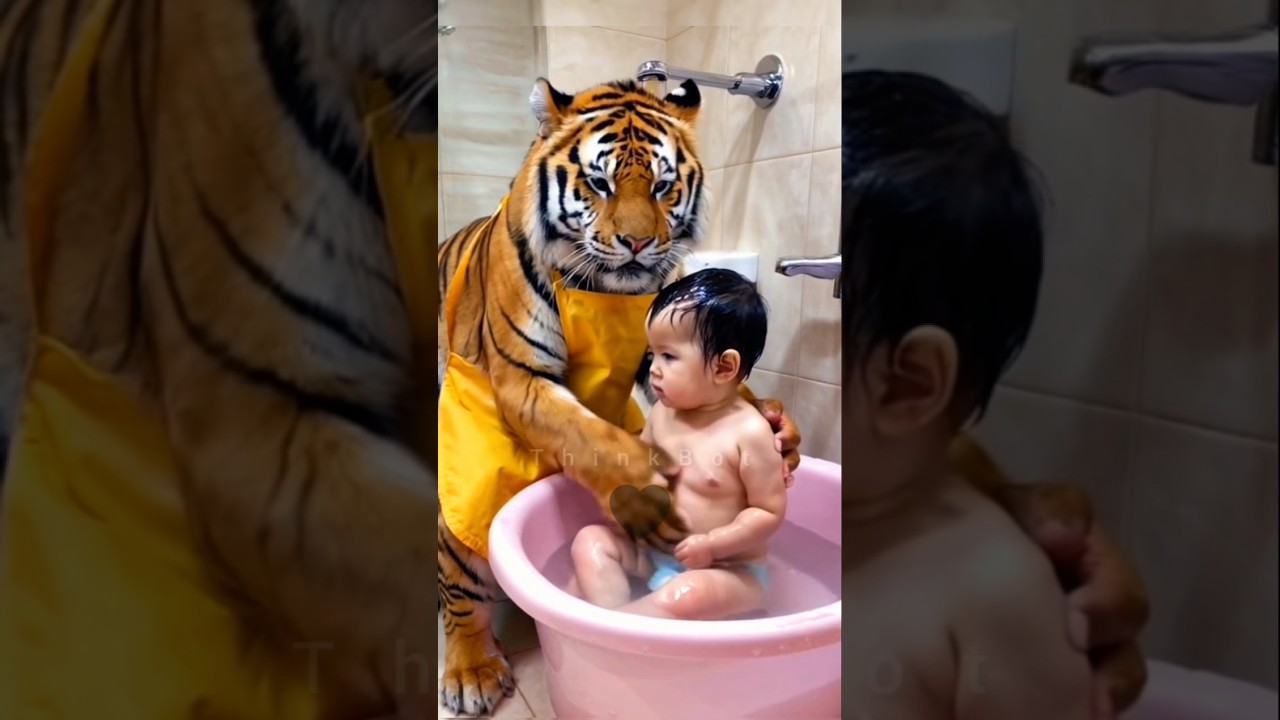 🦁 Tiger Bathing A Cute Baby 🚿 