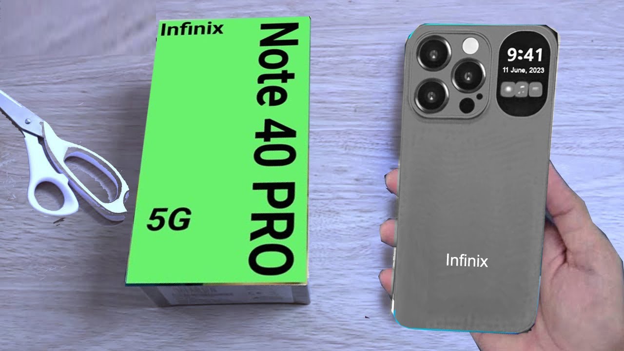  A hand holding an Infinix Note 40 Pro 5G smartphone with a green and white box with the text "Infinix Note 40 Pro 5G" on it.