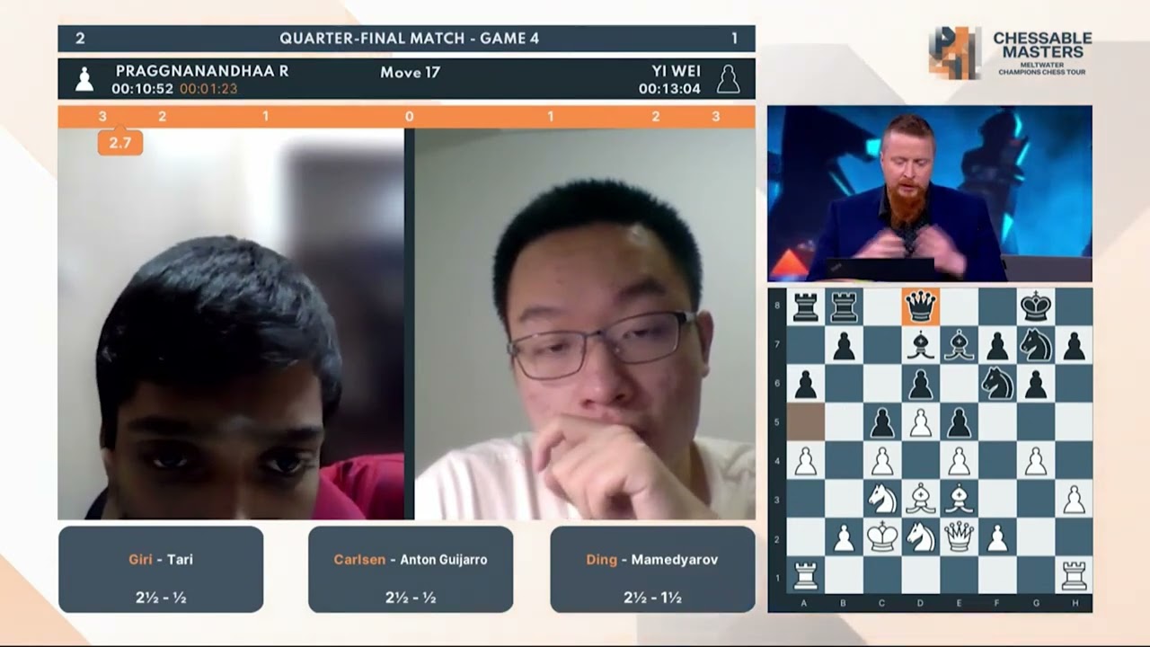 Meltwater Champions Chess Tour Chessable Masters Quarterfinals:  Praggnanandhaa eliminates Wei Yi, advances to the…