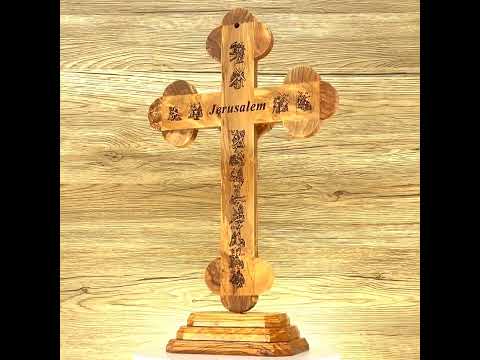 Standing Budded Crucifix With 14 Stations Of The Cross Engraved- Wooden Carved Corpus #crucifix