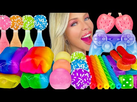 ASMR FRUIT ROLL UP BURRITO ICE CREAM, STRAWBERRY POPSICLES, KOHAKUTOU CANDY, RAINBOW FOOD MUKBANG 먹방