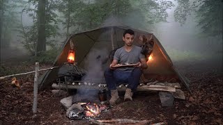 Bushcraft Camping in Heavy Fog with My Dog - Building Survival Shelter - Campfire Cooking