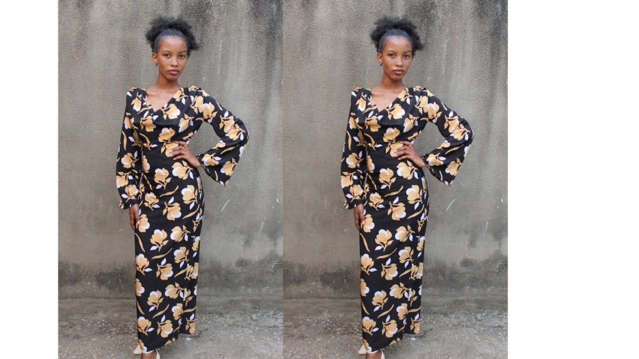 jinsi ya kukata na kushona gauni ya tight na shingo ya denda na mkono wa tarumbeta