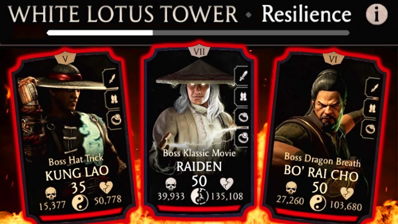 MK Mobile. White Lotus Tower Bosses are ANNOYING. Resilience is HORRIBLE Modifier.