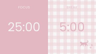 2 hour Pomodoro Timer 25/5 with a Little Cat 🐈‍⬛🩷 No Music, Gingham Pink & Soft White Calm Study screenshot 5