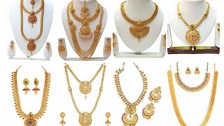 Traditional gold plated long necklace set || Gold Copper Haram Necklace Set With Jhumki Earrings