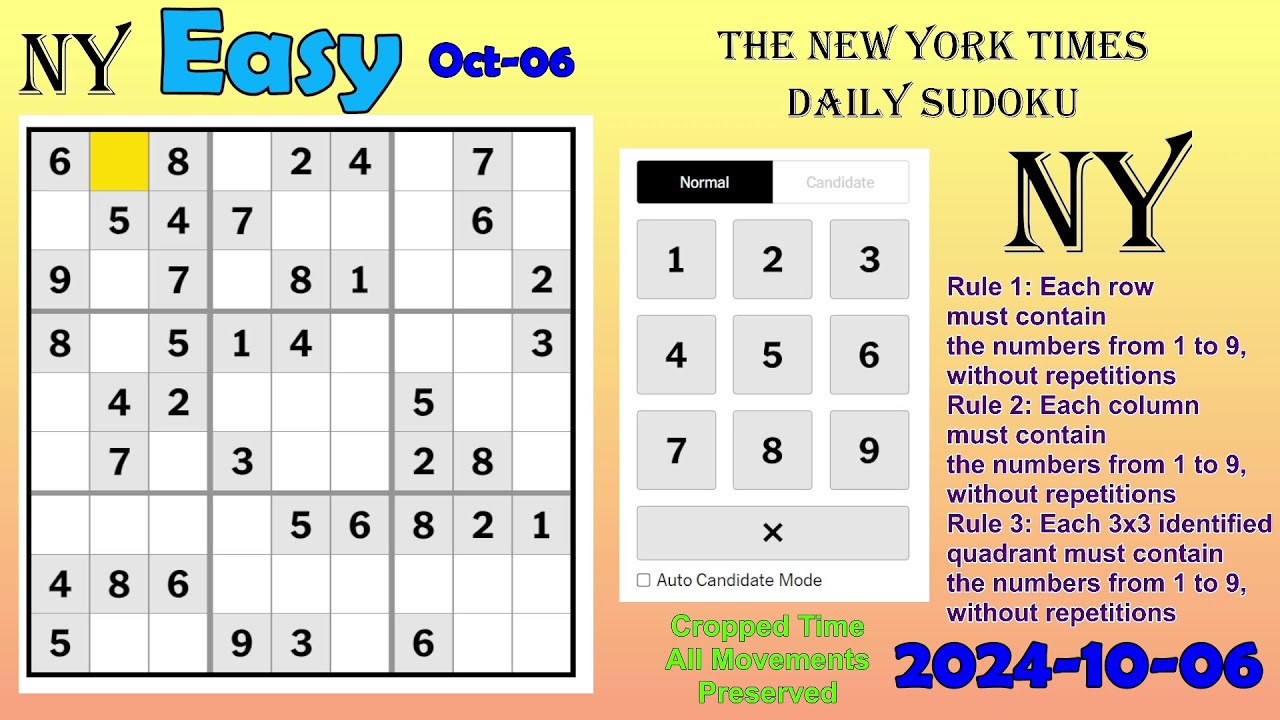 The New York Times Daily Sudoku 2024-10-06 Easy - YouTube