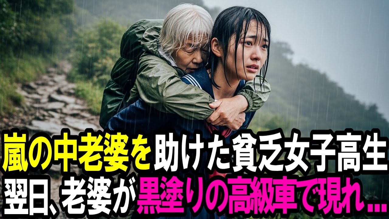 山でお婆さんを助けた女子高生。翌日、お婆さんが黒塗の高級車で現れ...