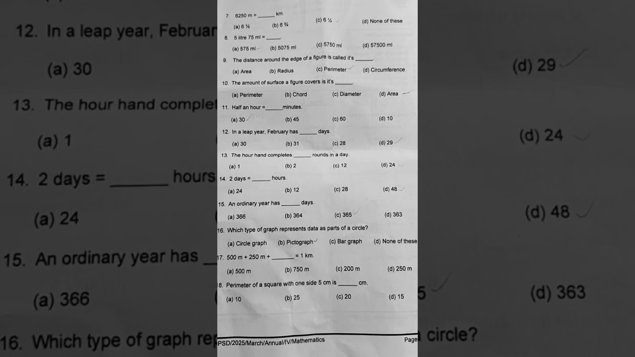 Grade IV Maths Annual Exam Question Paper 2025 