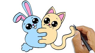 how to draw a cat hugging a bunny so easy simple drawings for beginners