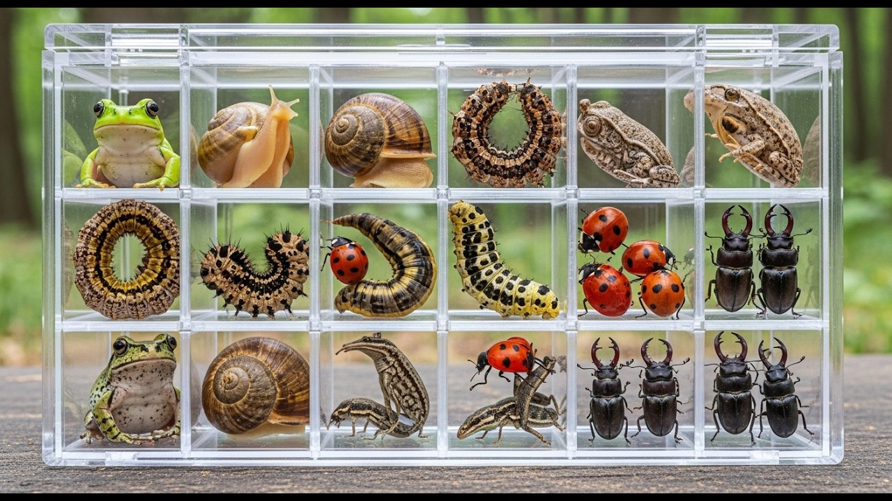 Criaturas ocultas en el bosque: ranas, lagartos, orugas, caracoles y mariquitas