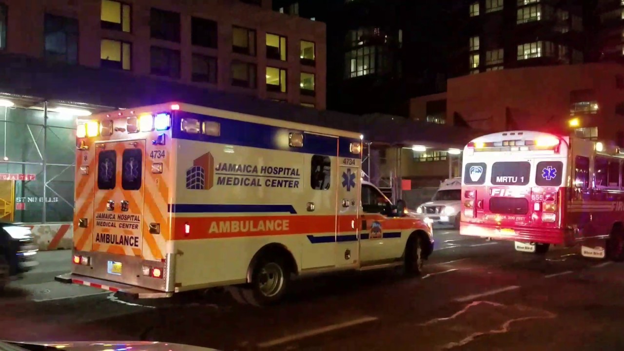 Jamaica Hospital Medical Center EMS On Scene Of A 5 Alarm Fire In Manhattan, New York