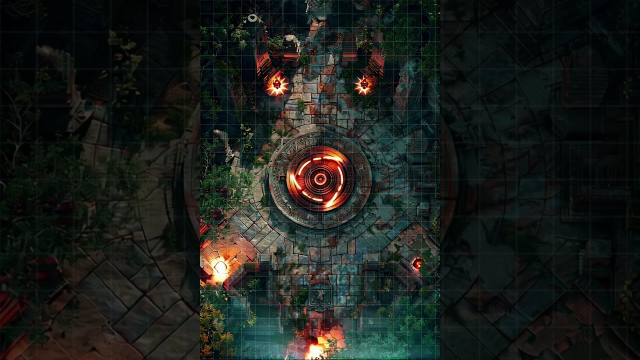 DnD compatible animated map _ Circular Stone Structure in Serene Forest _ square grid _ ambience for