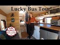 Full skoolie tour of the lucky bus  conversion layout with tons of storage