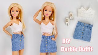 DIY Barbie Doll Clothes! Denim Skirt + Crop Cami Top! How To Make Trendy Clothes For Barbie Dolls💕