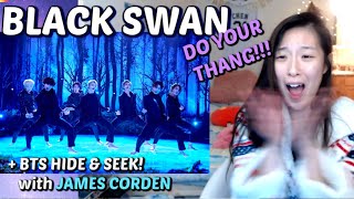 BTS BLACK SWAN LIVE JAMES CORDEN + HIDE \& SEEK WITH ASHTON KUTCHER | The Late Late Show REACTION