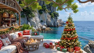 Christmas Jazz Music at Seaside Cafe Ambience 🎄 Relaxing Bossa Nova & Waves Sounds for Happy Mood
