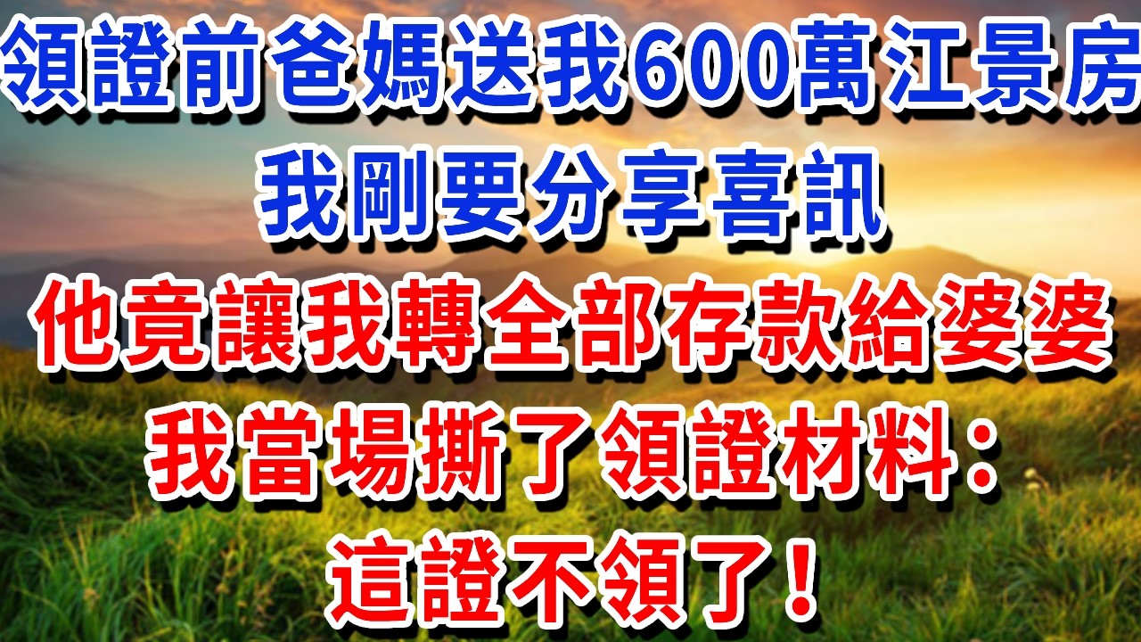 領證前爸媽送我600萬江景房，我剛要分享喜訊，他竟讓我轉全部存款給婆婆！我當場撕了領證材料：這證不領了！#書婷講故事 #為人處世#生活經驗#情感故事#晚年哲理#說故事#完結文