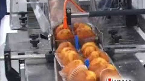 Group of madeleines and muffins packaging in flow pack wrapper (HFFS) in trays with a clip